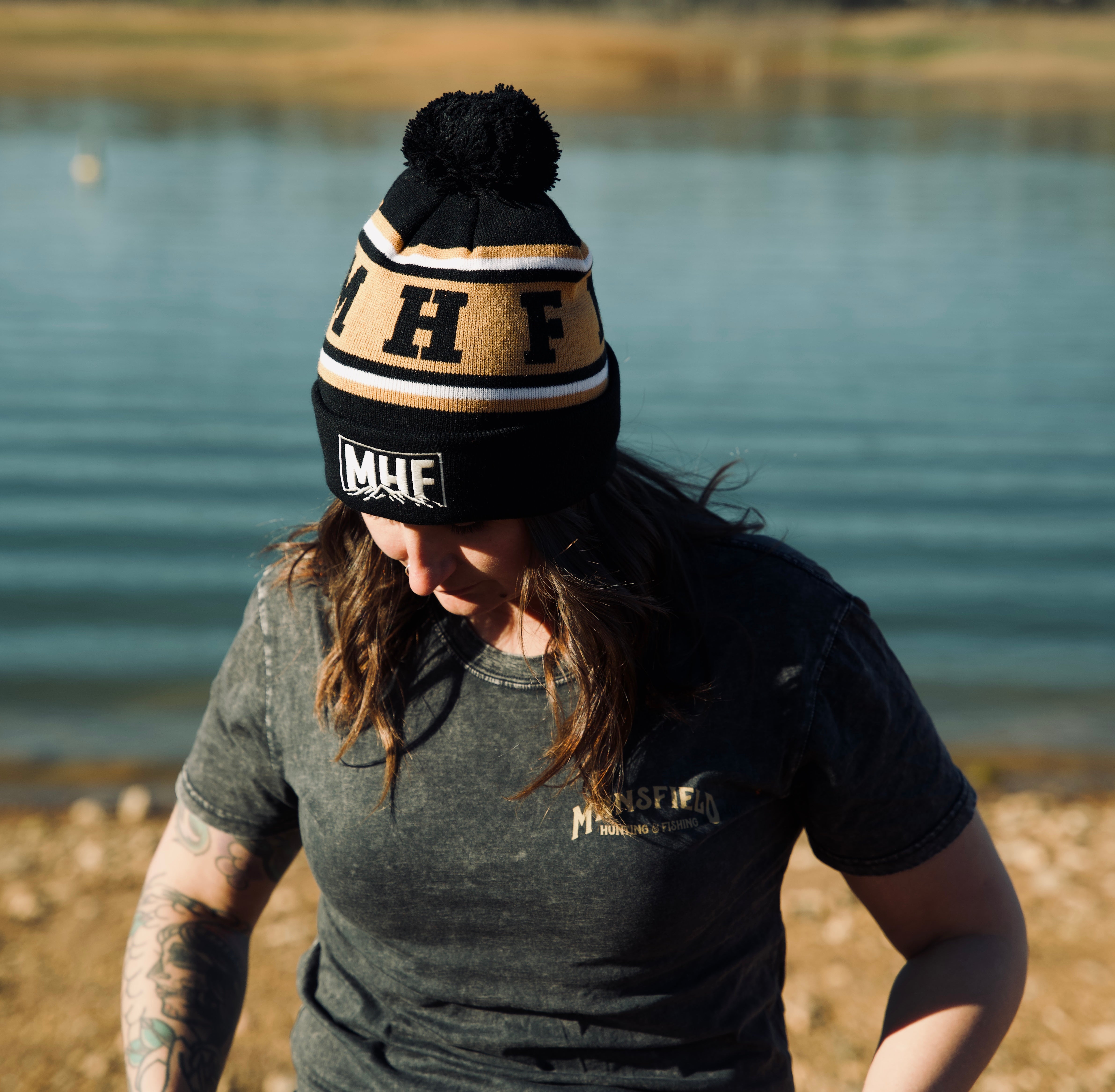 MHF Tan Black Mountain Beanie with Pom Pom - - Mansfield Hunting & Fishing - Products to prepare for Corona Virus