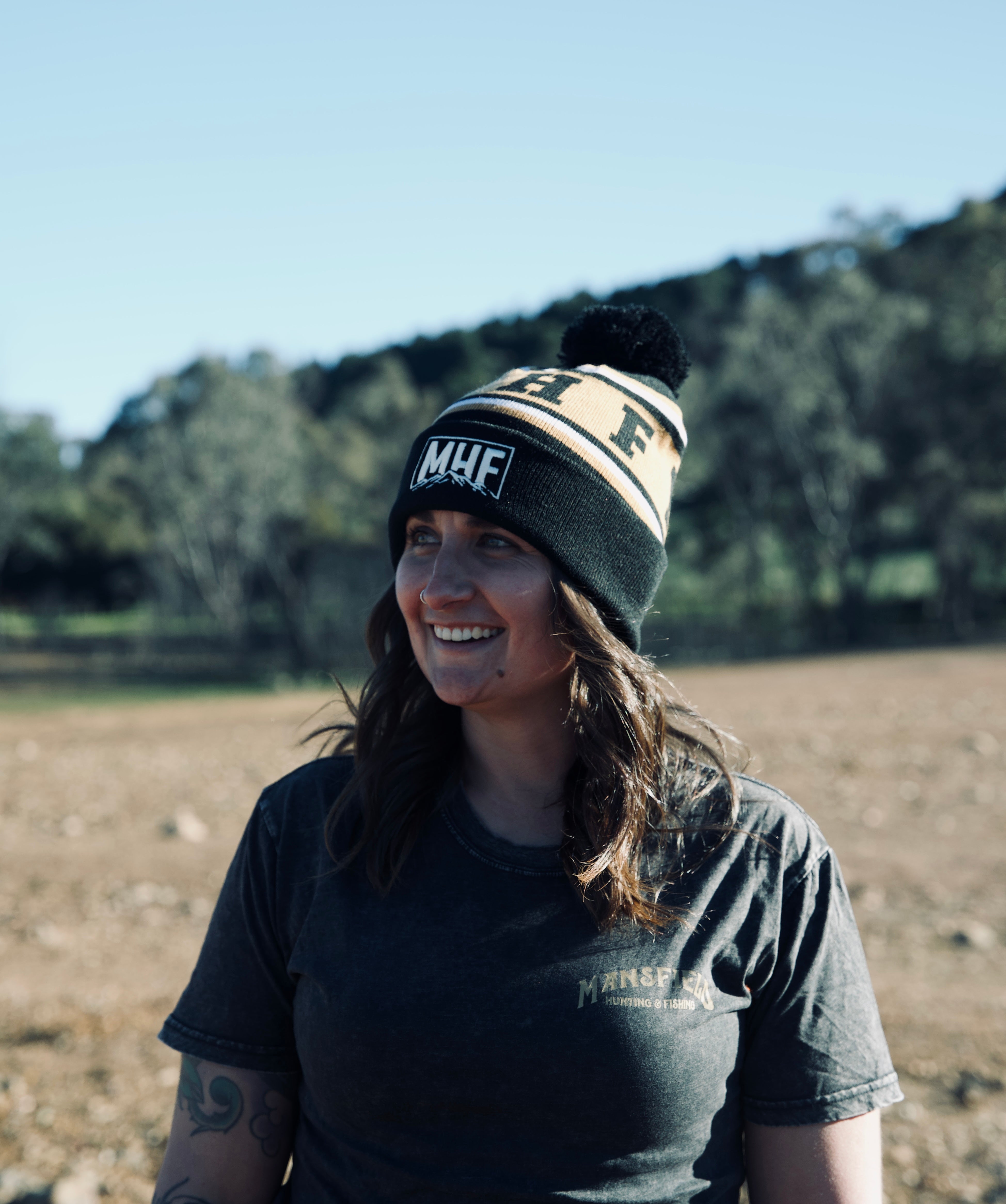 MHF Tan Black Mountain Beanie with Pom Pom - - Mansfield Hunting & Fishing - Products to prepare for Corona Virus
