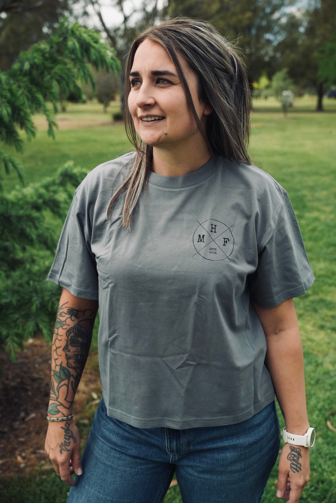 MHF Womens Lifestyle Box Tee - Shadow - - Mansfield Hunting & Fishing - Products to prepare for Corona Virus