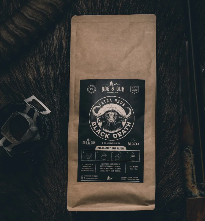 Dog & Gun Coffee Pre Loaded Drip Filter Coffee- Black Death 25 pkt - - Mansfield Hunting & Fishing - Products to prepare for Corona Virus