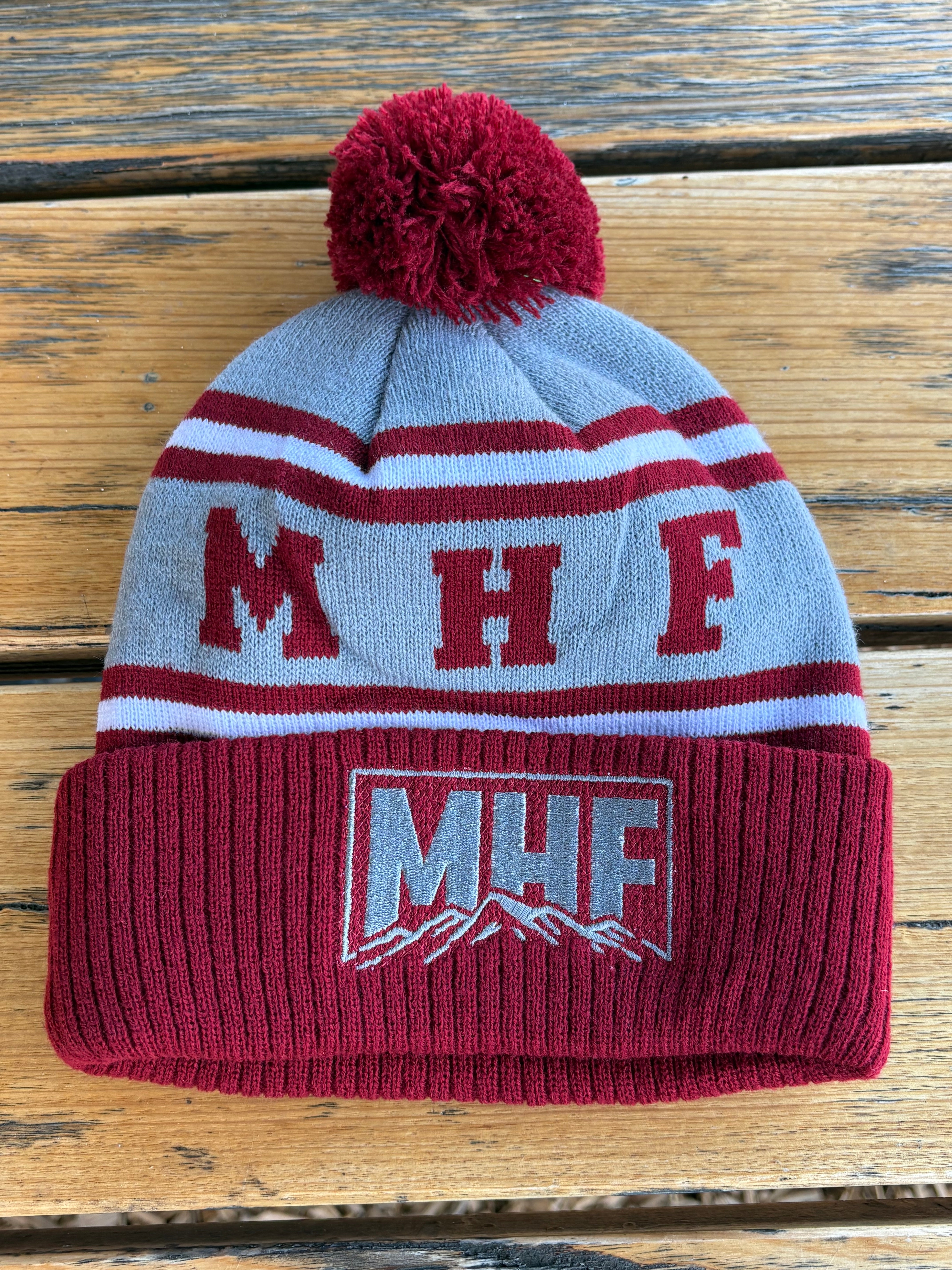 MHF Outdoors Pom Pom Beanie - Burgundy/Grey/White - - Mansfield Hunting & Fishing - Products to prepare for Corona Virus