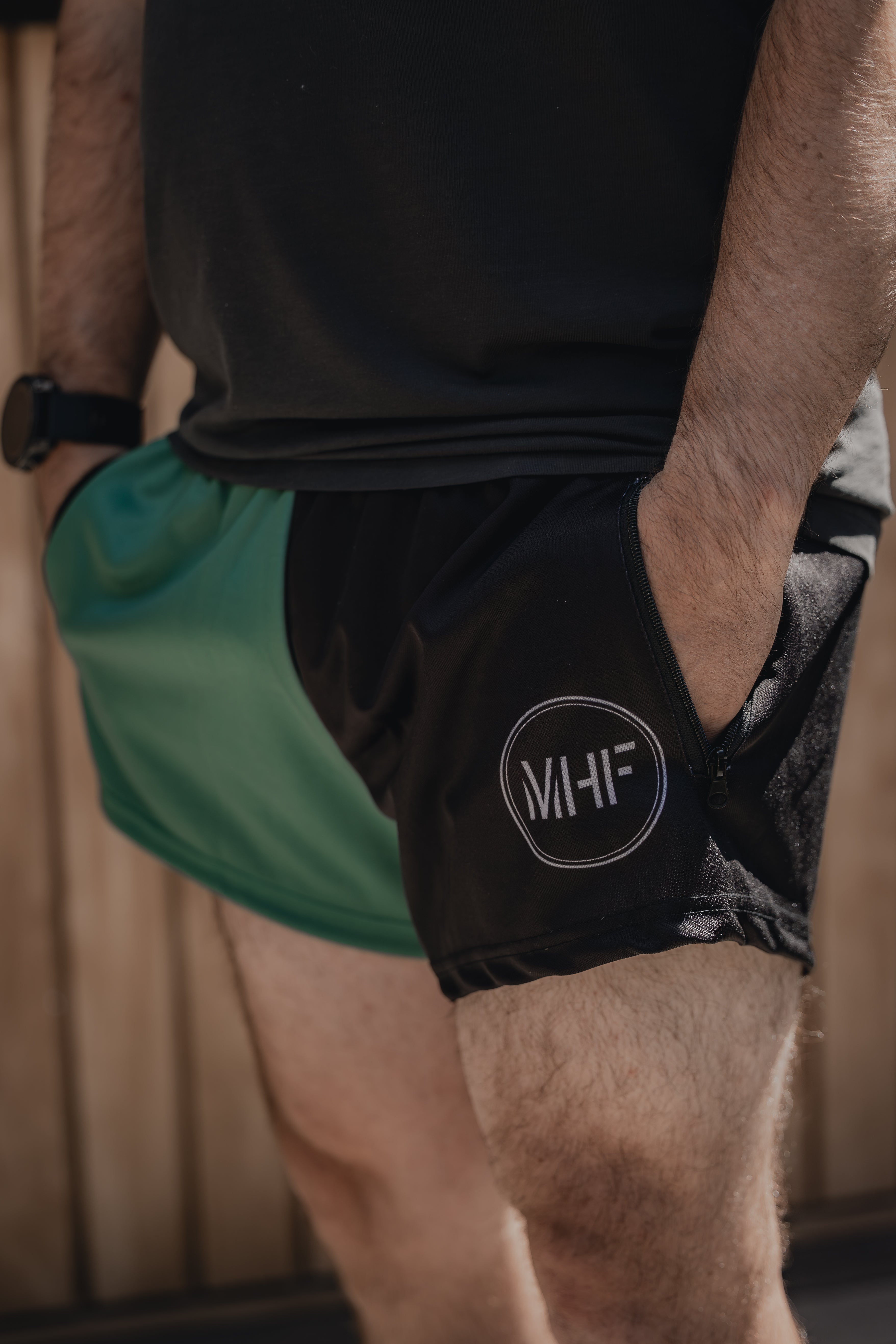 MHF Black/Green Footy Shorts - Side Zip Pockets - - Mansfield Hunting & Fishing - Products to prepare for Corona Virus