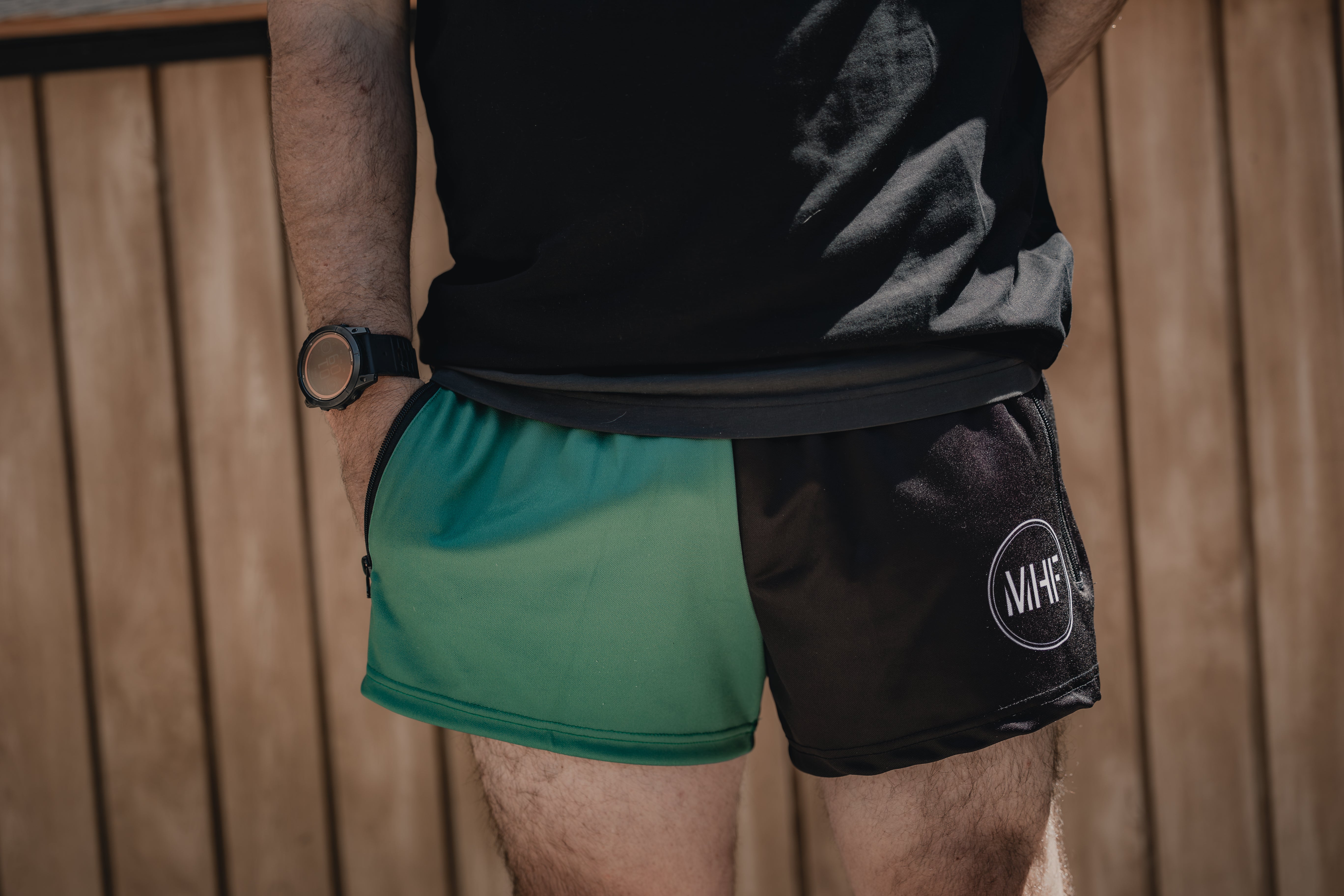 MHF Black/Green Footy Shorts - Side Zip Pockets - - Mansfield Hunting & Fishing - Products to prepare for Corona Virus