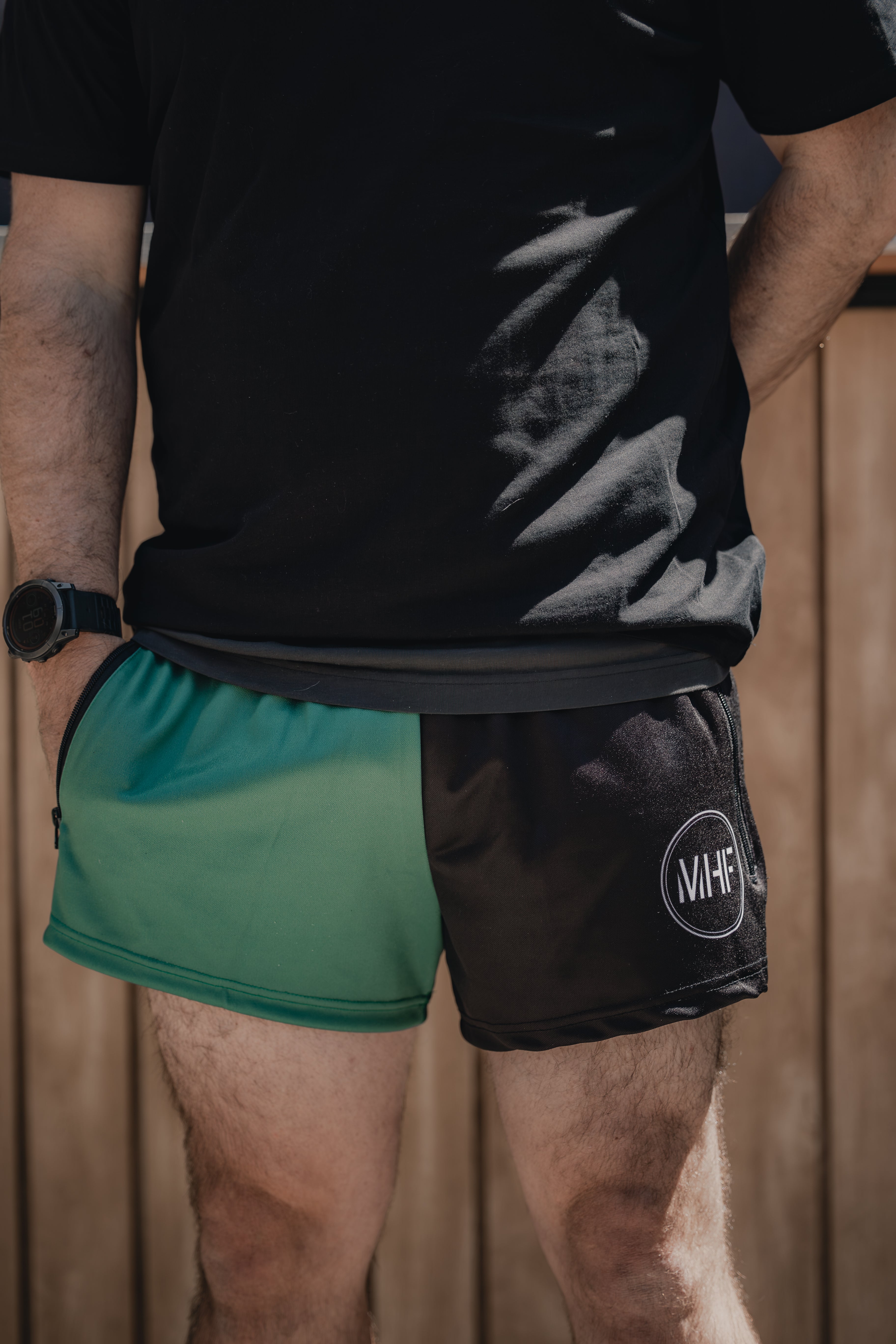 MHF Black/Green Footy Shorts - Side Zip Pockets - XS - Mansfield Hunting & Fishing - Products to prepare for Corona Virus