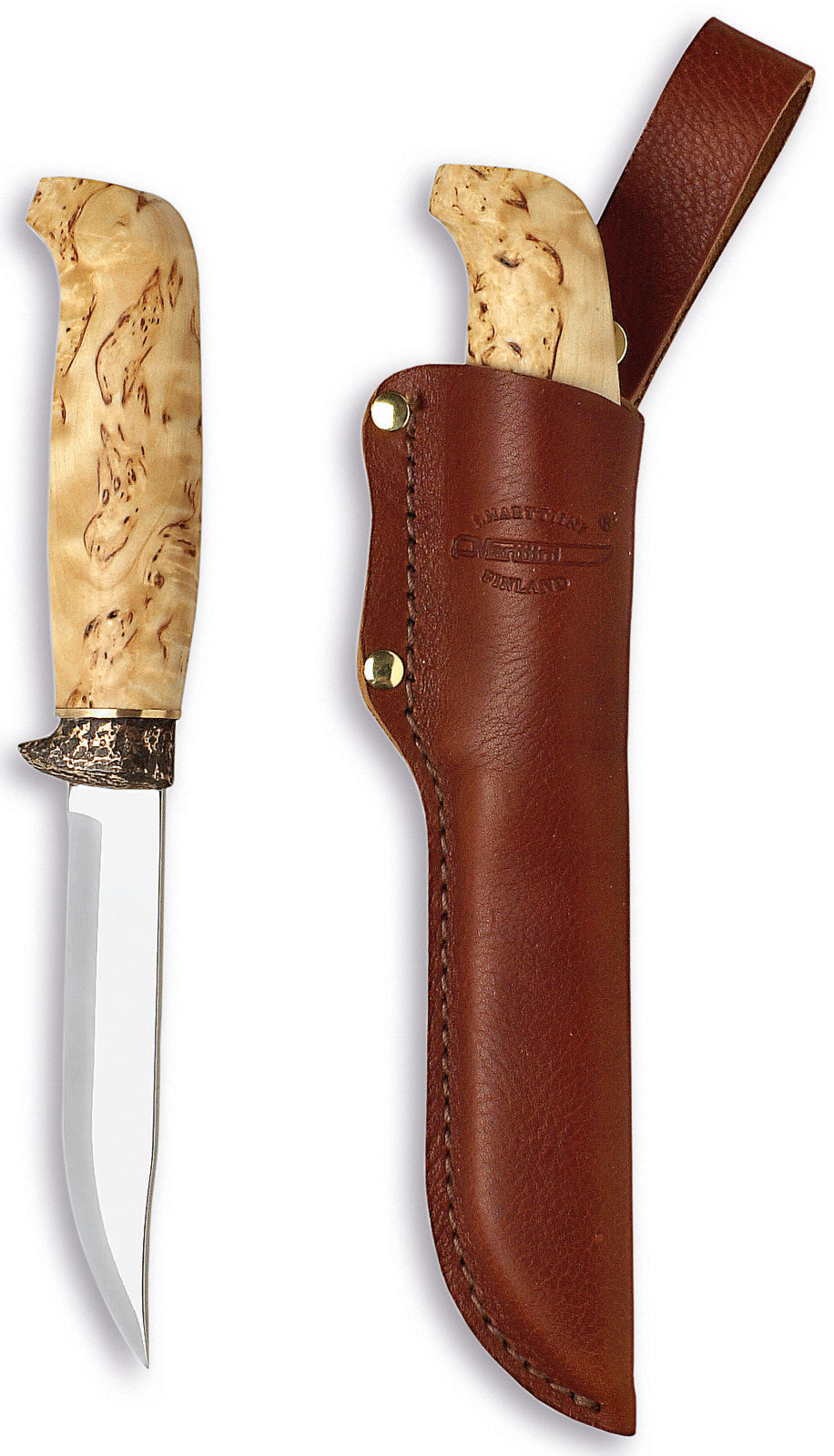 Marttiini 11cm Carbon Steel Lynx Knife (Bronze And Curly Birch Handle With Brown Leather Sheath) - - Mansfield Hunting & Fishing - Products to prepare for Corona Virus
