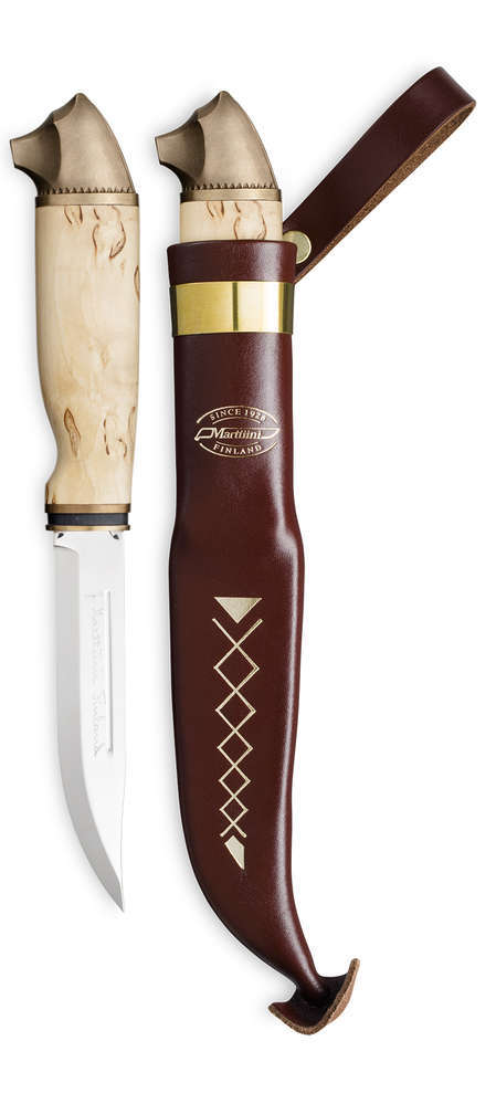 Marttiini 11cm Carbon Steel Bear Hunting Knife Boxed (Curly Birch With Bronze Bear Head And Brown Leather Sheath) - - Mansfield Hunting & Fishing - Products to prepare for Corona Virus