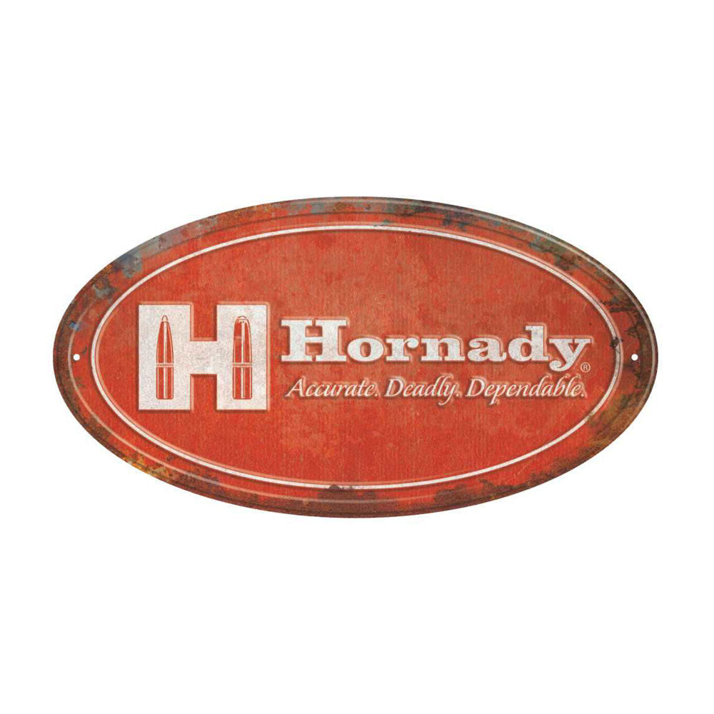 Hornady Oval Rustic Tin Sign - - Mansfield Hunting & Fishing - Products to prepare for Corona Virus