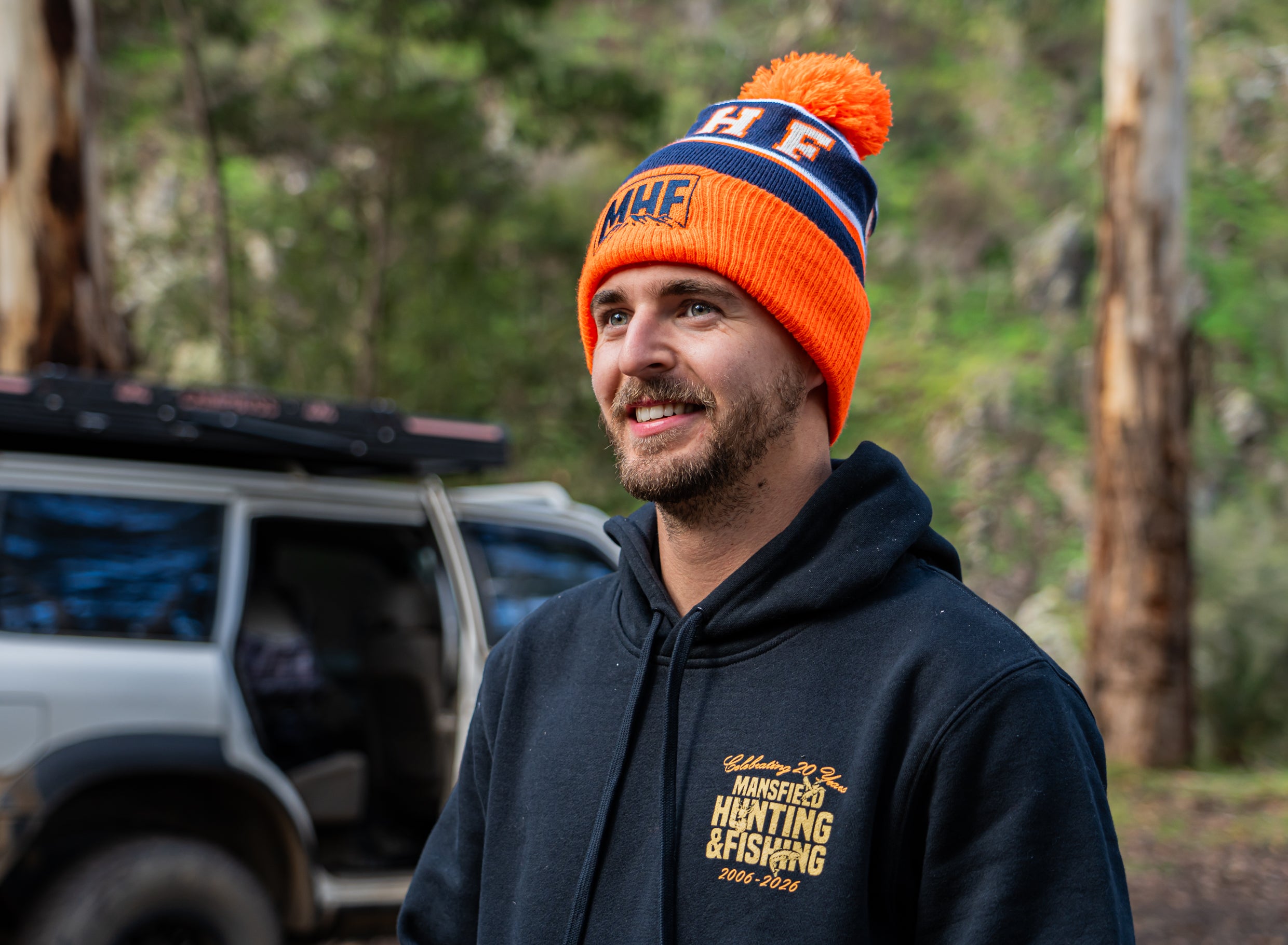 MHF Outdoors Pom Pom Beanie - Blaze Orange/Navy