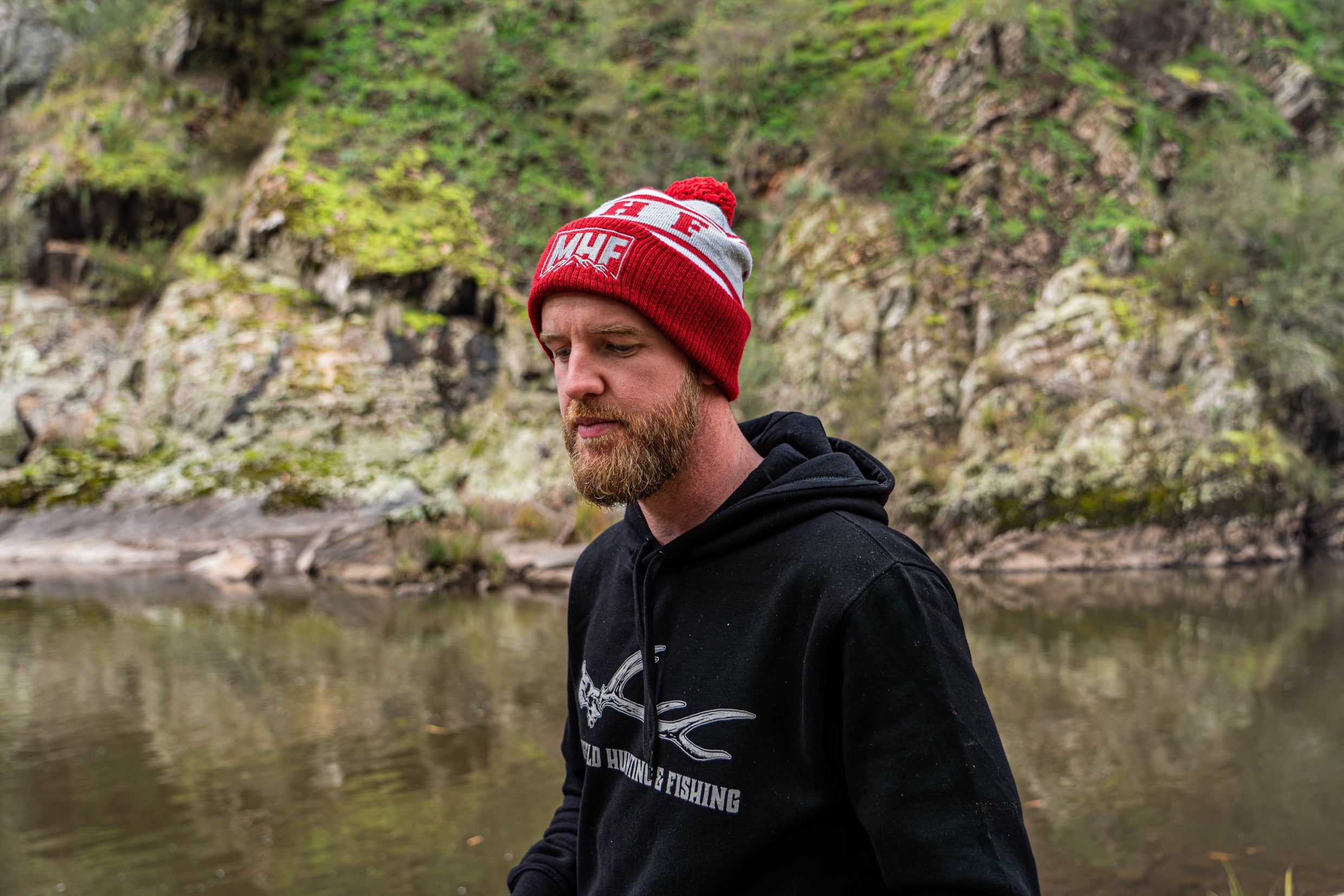 MHF Outdoors Pom Pom Beanie - Burgundy/Grey/White