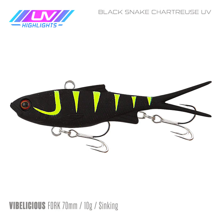 Samaki Vibelicious Forktail 70mm - 70mm 10.8g / BLACK SNAKE CHARTREUSE UV - Mansfield Hunting & Fishing - Products to prepare for Corona Virus