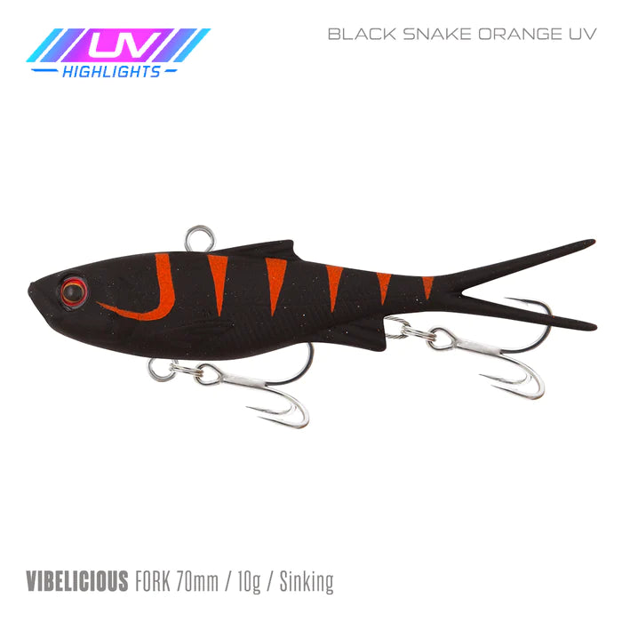 Samaki Vibelicious Forktail 70mm - 70mm 10.8g / BLACK SNAKE ORANGE UV - Mansfield Hunting & Fishing - Products to prepare for Corona Virus