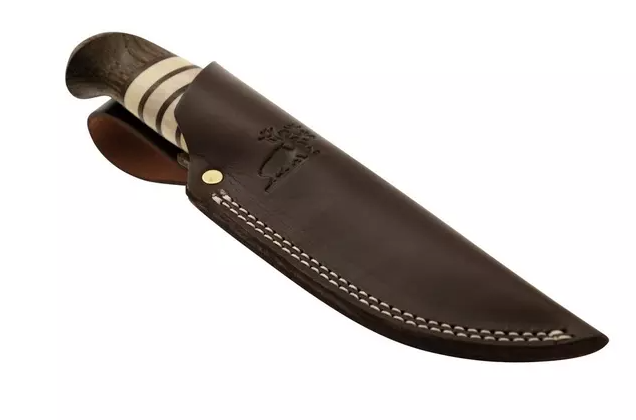 Helle Rein LTD 90mm Triple Laminated Steel Knife (Rendeer Antler, Dark Oak and Leather Handle) - - Mansfield Hunting & Fishing - Products to prepare for Corona Virus