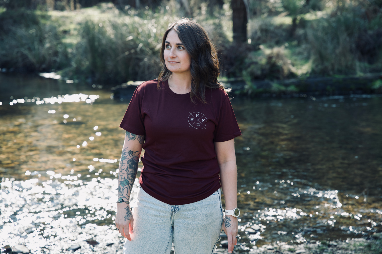 MHF Lifestyle Tee - Burgundy/Grey - - Mansfield Hunting & Fishing - Products to prepare for Corona Virus