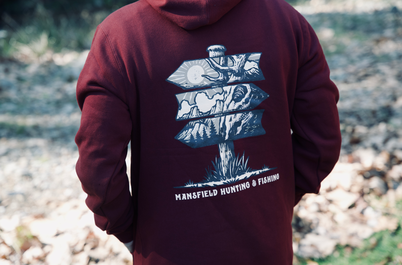 MHF Mens Sign Post Hoodie - Burgundy - - Mansfield Hunting & Fishing - Products to prepare for Corona Virus