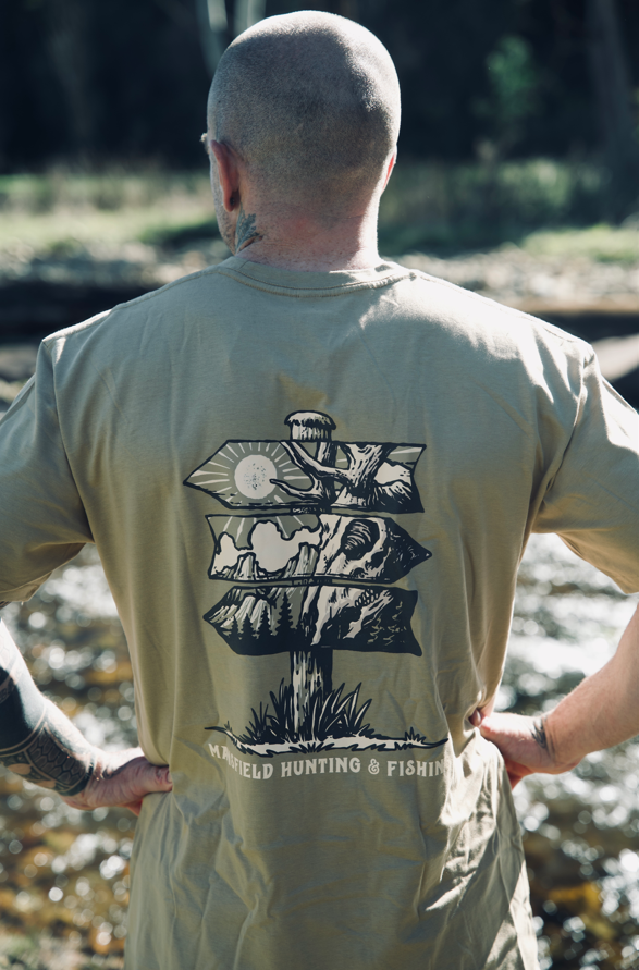 MHF Mens Sign Post T-Shirt - Khaki - - Mansfield Hunting & Fishing - Products to prepare for Corona Virus