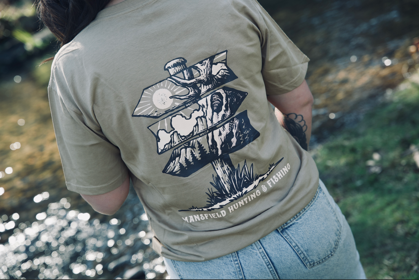 MHF Mens Sign Post T-Shirt - Khaki - - Mansfield Hunting & Fishing - Products to prepare for Corona Virus