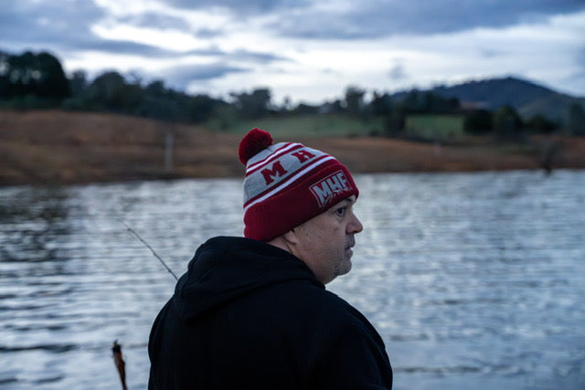 MHF Outdoors Pom Pom Beanie - Burgundy/Grey/White