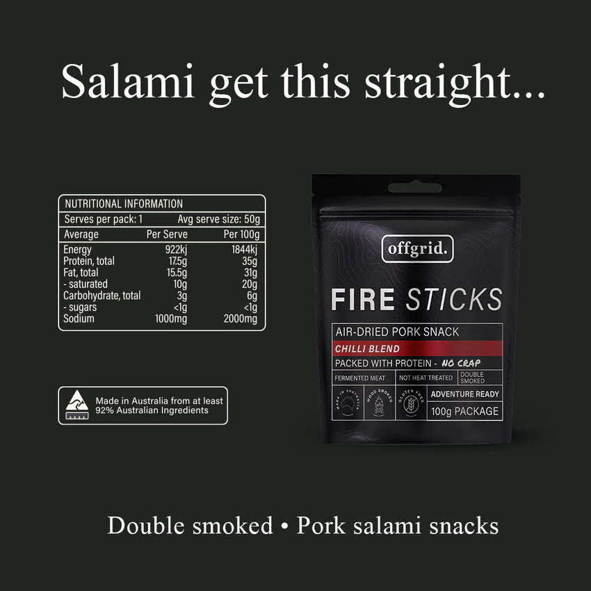 Offgrid Wood Smoked Firestick Salami Bites Chilli Blend - - Mansfield Hunting & Fishing - Products to prepare for Corona Virus