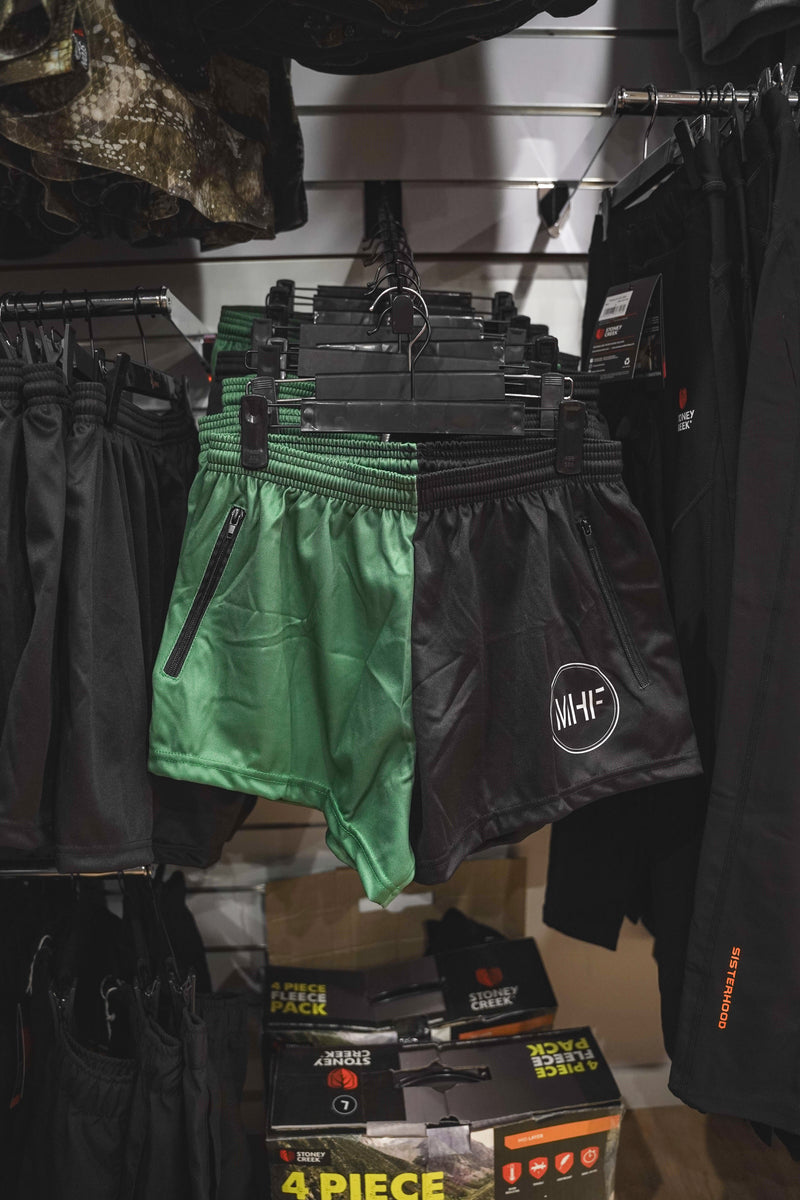 MHF Black/Green Footy Shorts - Side Zip Pockets -  - Mansfield Hunting & Fishing - Products to prepare for Corona Virus