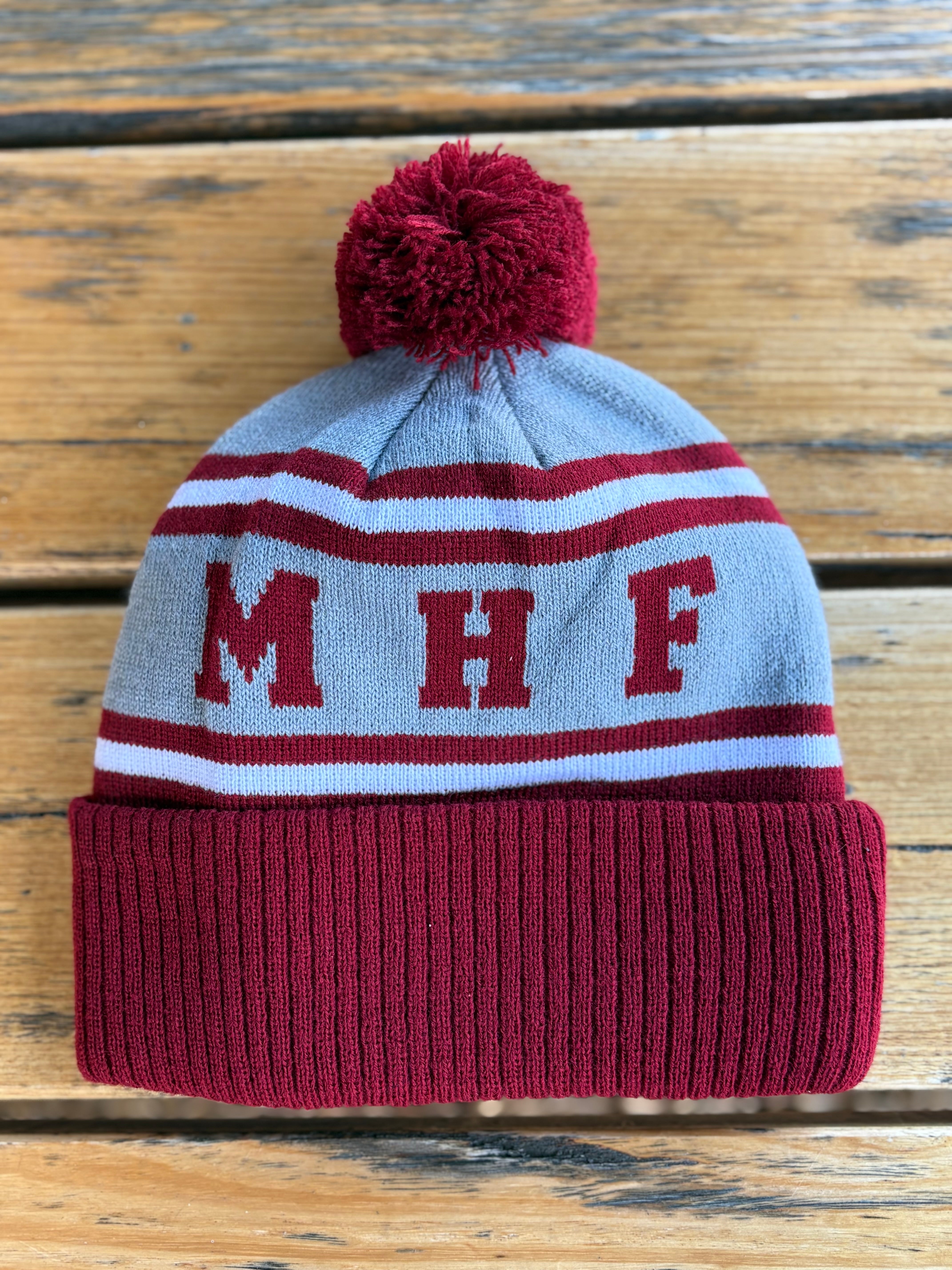 MHF Outdoors Pom Pom Beanie - Burgundy/Grey/White - - Mansfield Hunting & Fishing - Products to prepare for Corona Virus