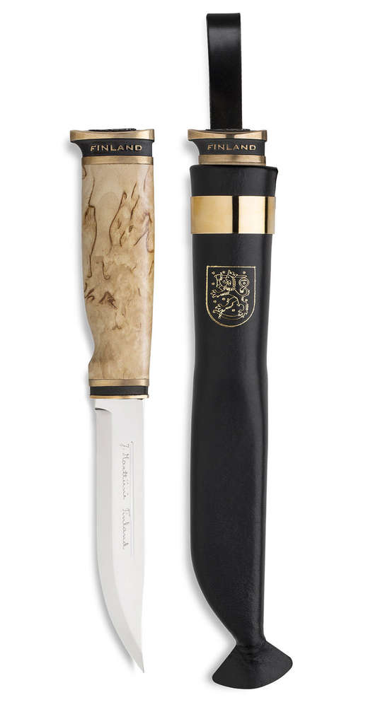 Marttiini 11cm Stainless Steel Suomi Knife (Waxed Curly Birch & Bronze Ferrules With Black Leather Sheath) -  - Mansfield Hunting & Fishing - Products to prepare for Corona Virus