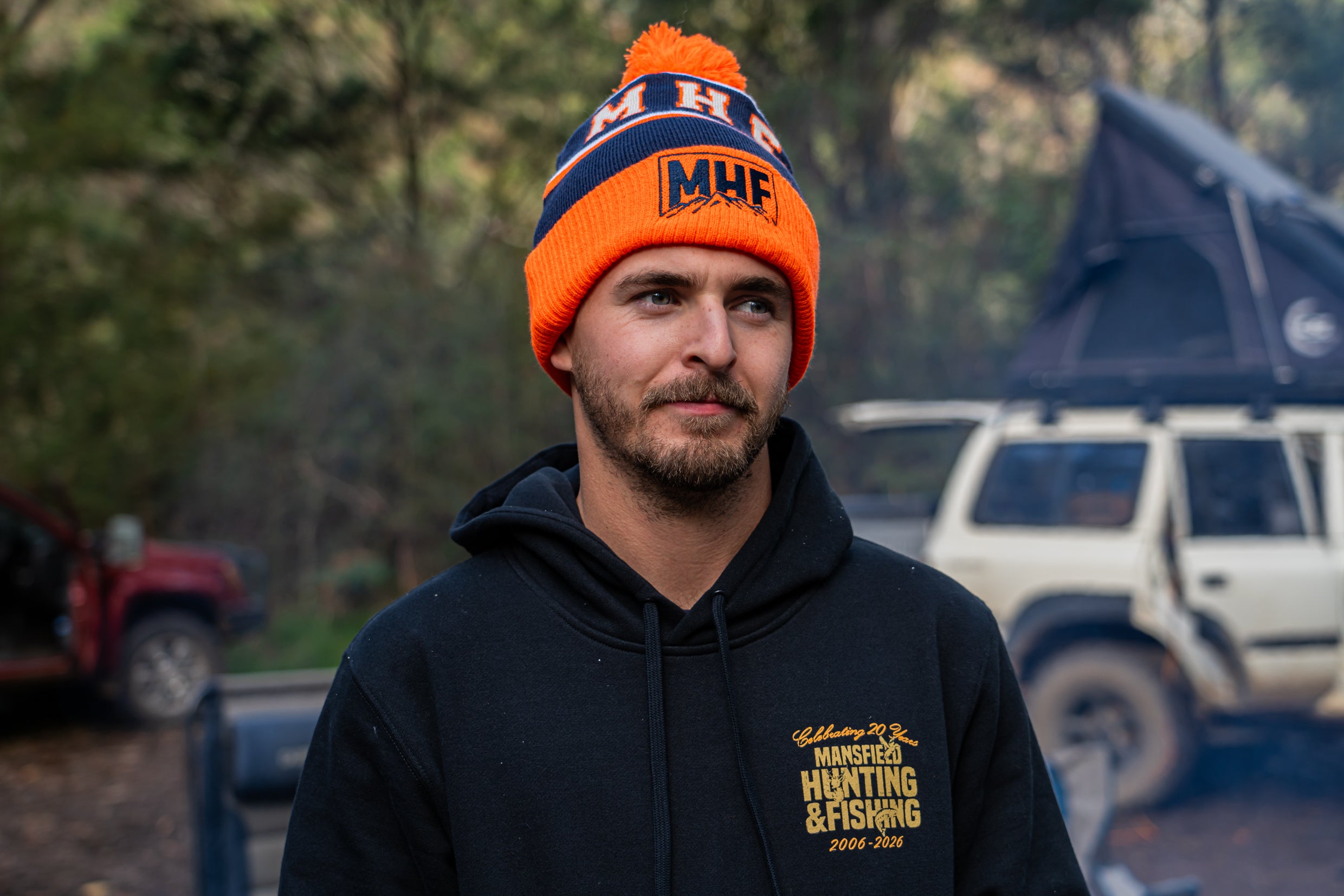 MHF Outdoors Pom Pom Beanie - Blaze Orange/Navy