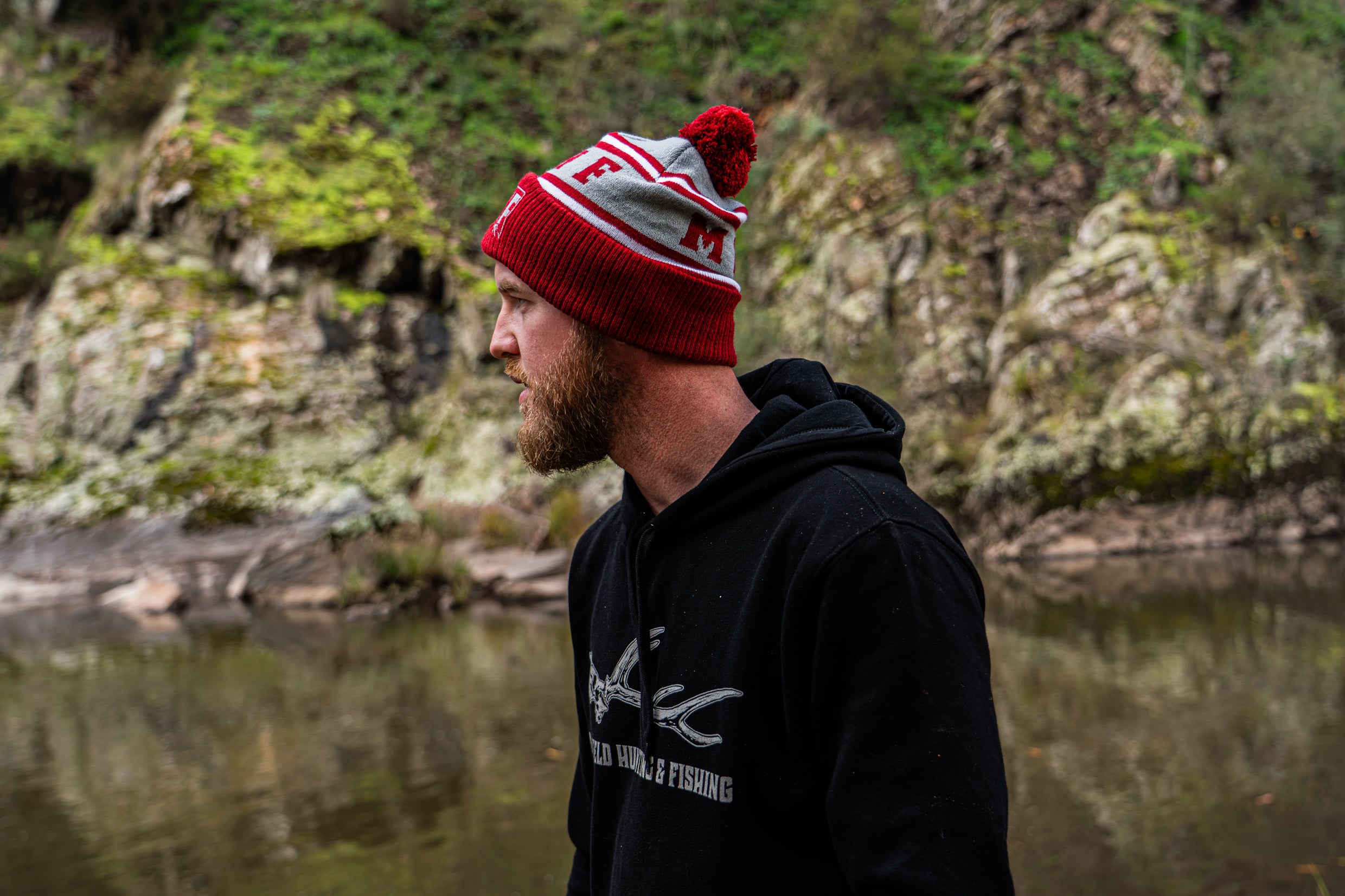 MHF Outdoors Pom Pom Beanie - Burgundy/Grey/White