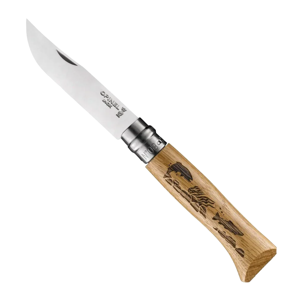 Opinel Traditional Knife No 8 Engraved Fish - Oak - - Mansfield Hunting & Fishing - Products to prepare for Corona Virus
