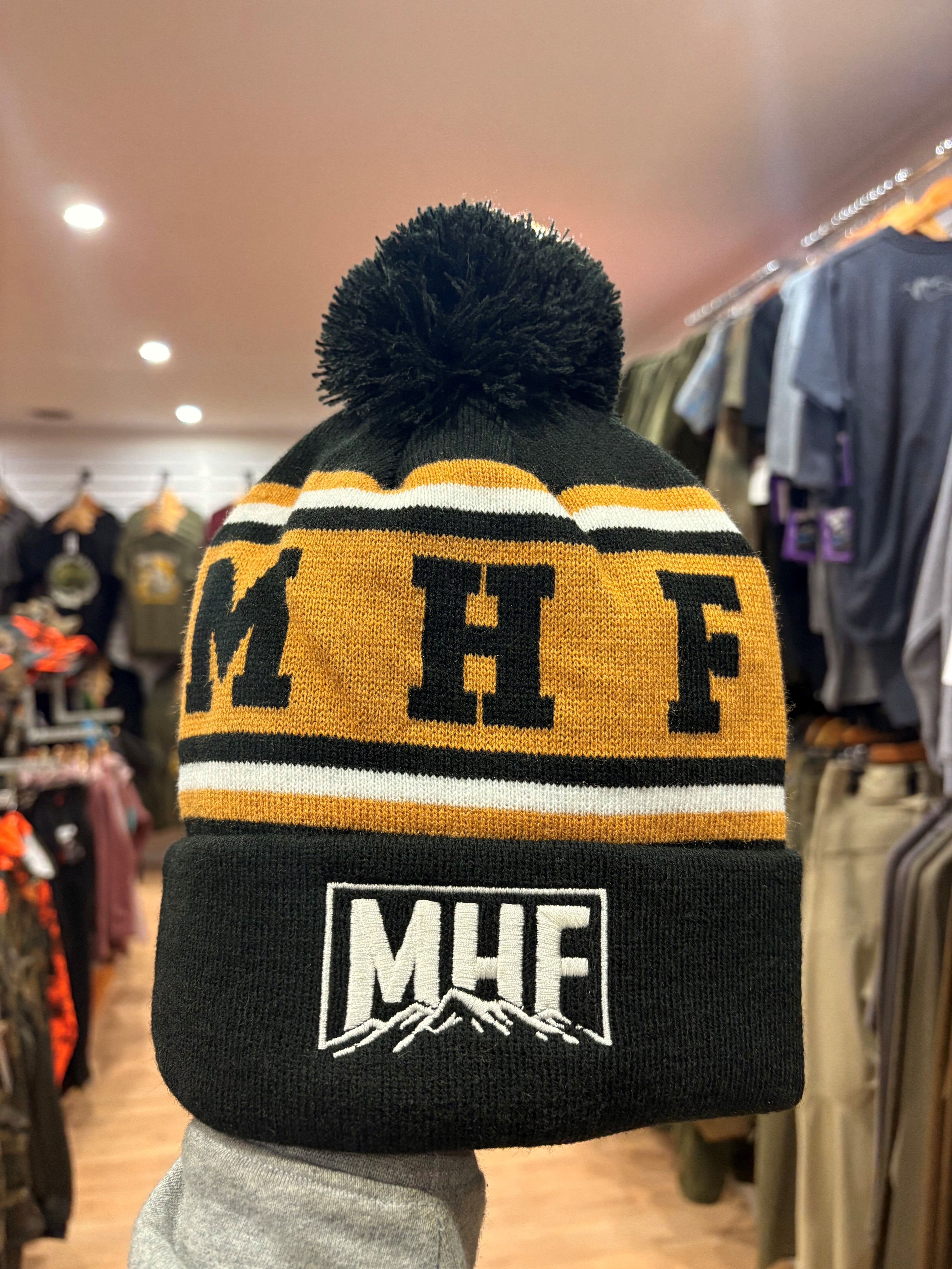 MHF Tan Black Mountain Beanie with Pom Pom
