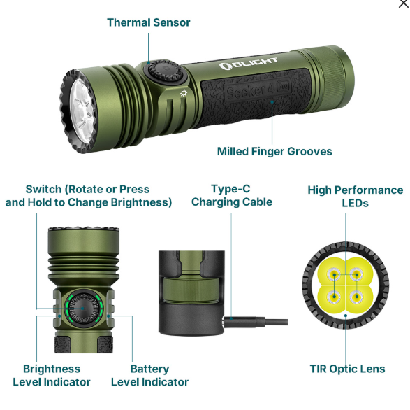 Olight Seeker 4 Pro LED Torch With Holster - OD Green - - Mansfield Hunting & Fishing - Products to prepare for Corona Virus
