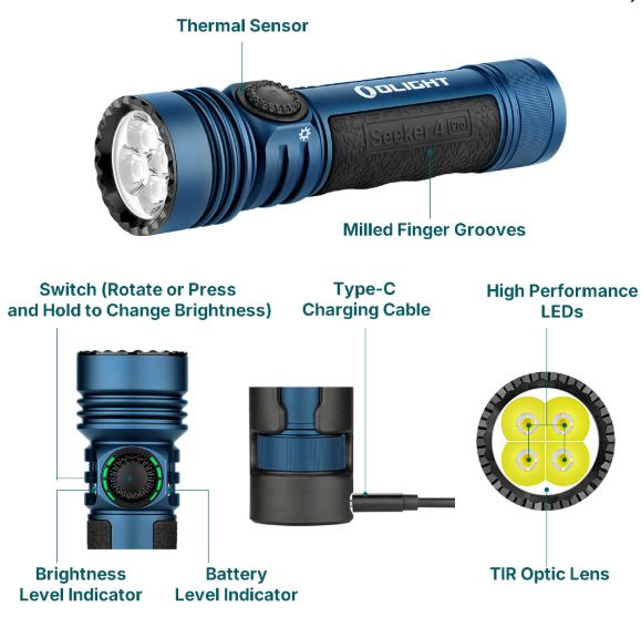 Olight Seeker 4 Pro LED Torch With Holster - Midnight Blue - - Mansfield Hunting & Fishing - Products to prepare for Corona Virus