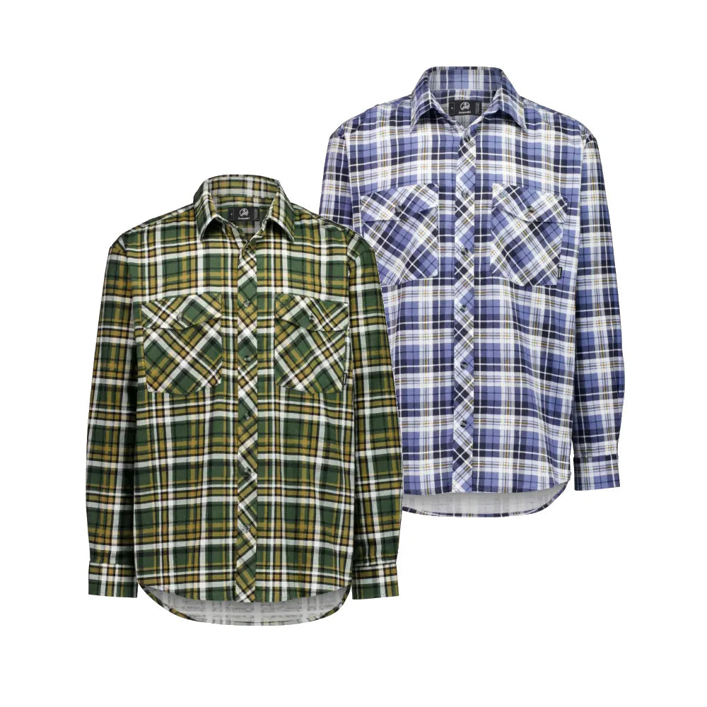 Swanndri Egmont Full Button Flannelette Shirt - Twin Pack - Olive Grove/Bluebird Bronze - - Mansfield Hunting & Fishing - Products to prepare for Corona Virus