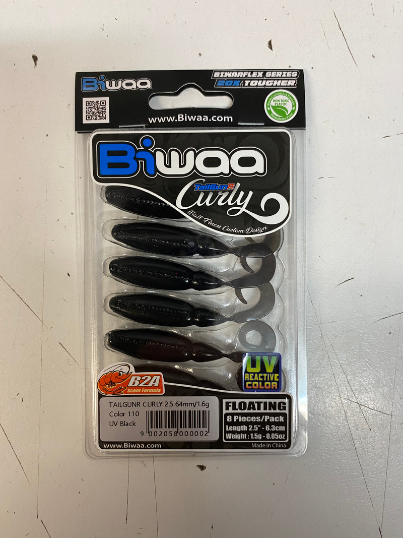Biwaa TailGunR Curly Grub - 2.5 inch / UV BLACK - Mansfield Hunting & Fishing - Products to prepare for Corona Virus