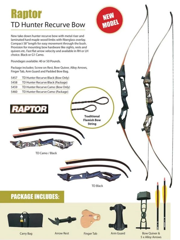 Raptor TD Hunter Black Recurve Package -  - Mansfield Hunting & Fishing - Products to prepare for Corona Virus